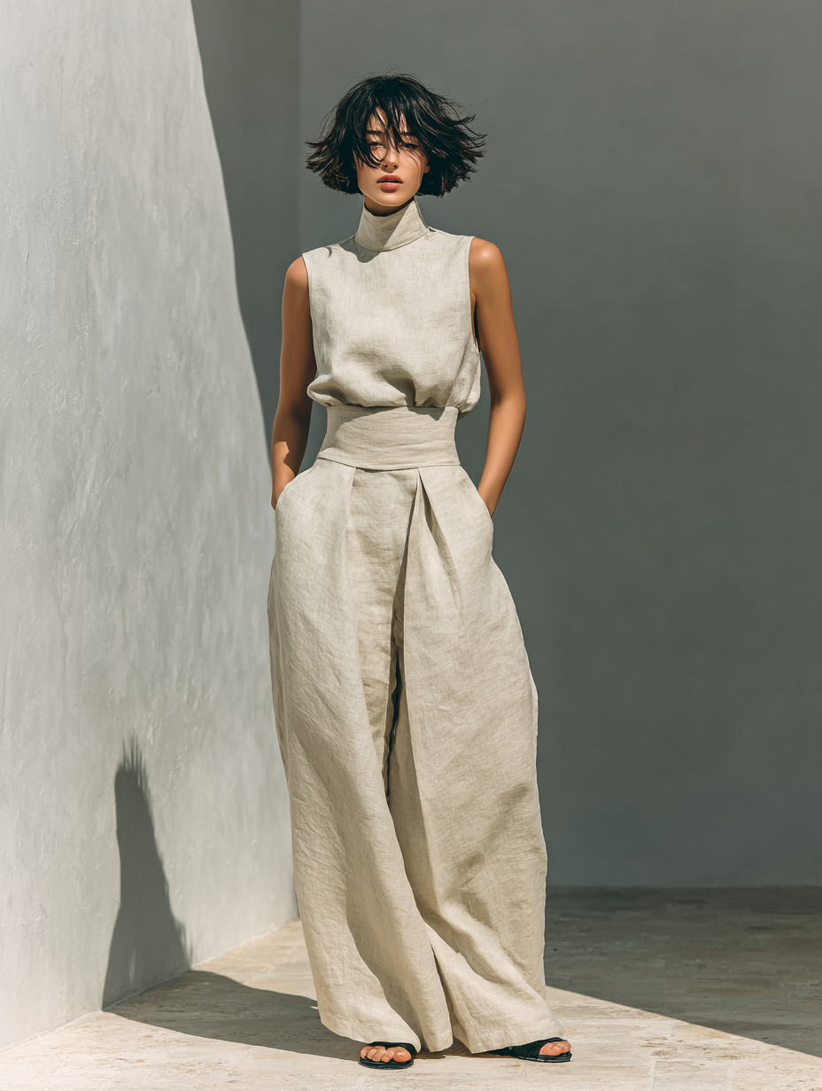 Maria | Set Completo Con Top A Canotta E Pantaloni Larghi In Cotone E Lino
