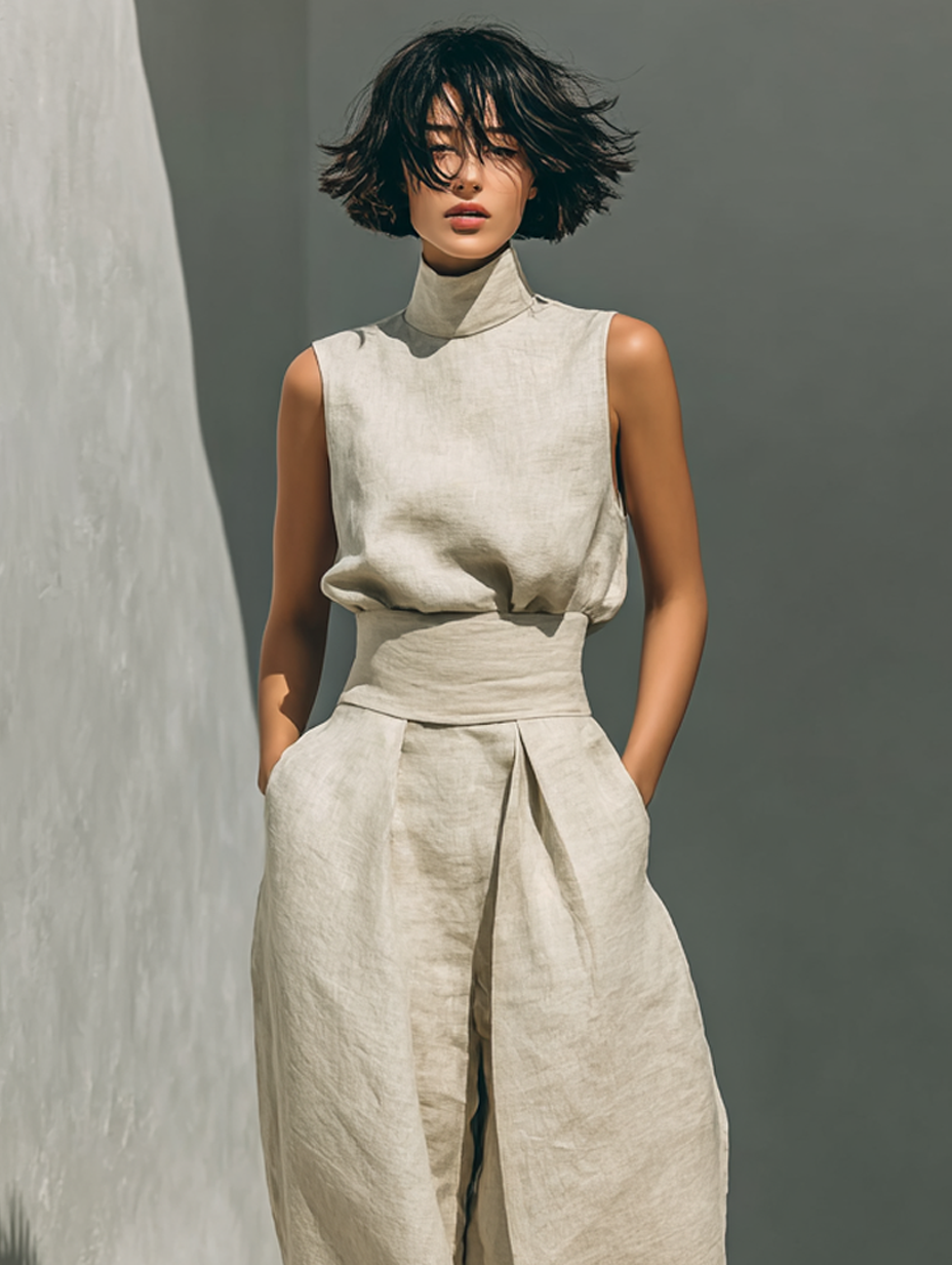 Maria | Set Completo Con Top A Canotta E Pantaloni Larghi In Cotone E Lino