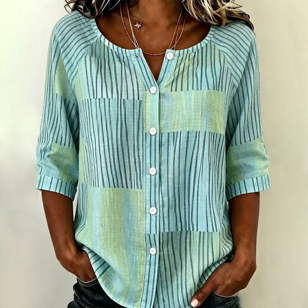 Blusa A Righe In Patchwork Verde Blu