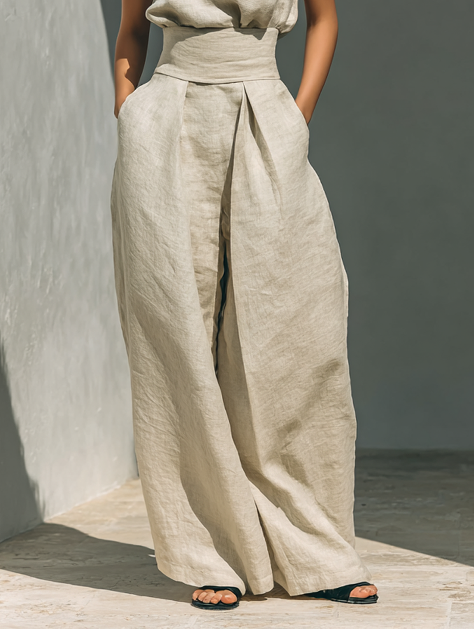 Maria | Set Completo Con Top A Canotta E Pantaloni Larghi In Cotone E Lino
