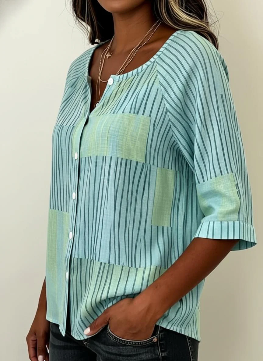 Blusa A Righe In Patchwork Verde Blu