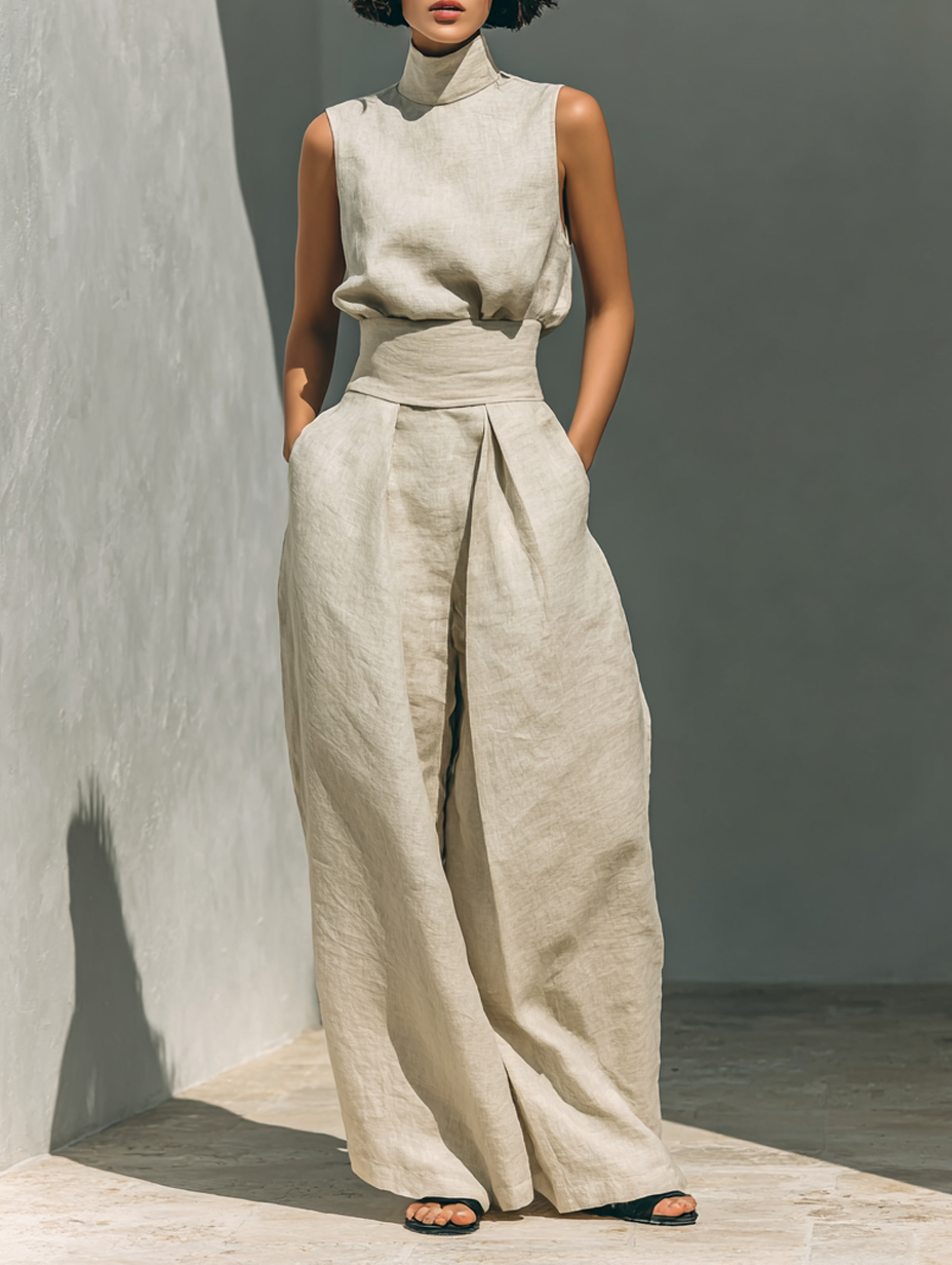 Maria | Set Completo Con Top A Canotta E Pantaloni Larghi In Cotone E Lino