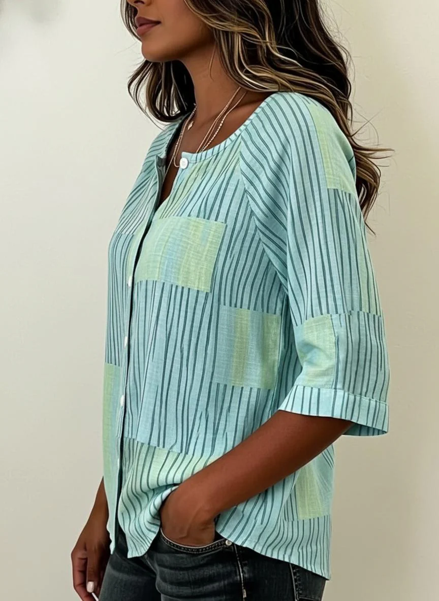 Blusa A Righe In Patchwork Verde Blu