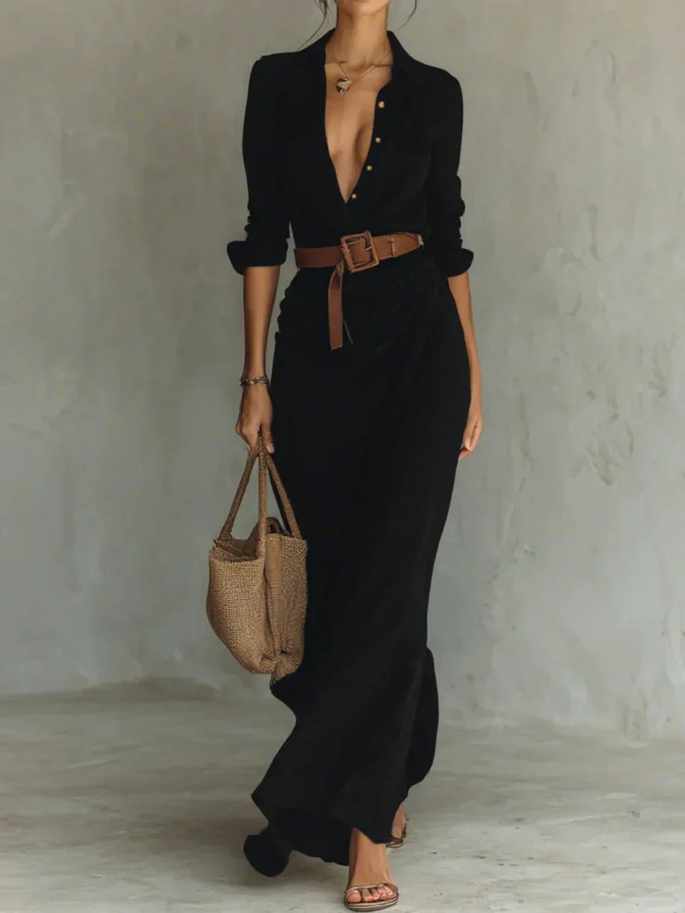 Camille | Maxi Abito Con Rever E Cintura In Vita