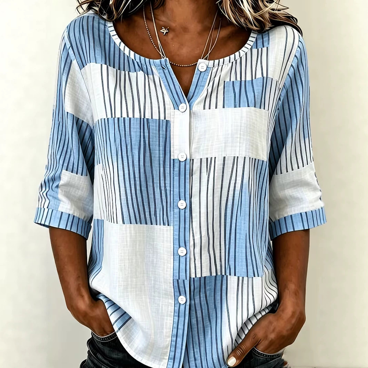 Blusa A Righe In Patchwork Verde Blu