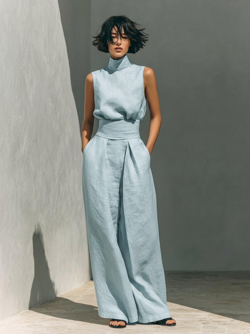 Maria | Set Completo Con Top A Canotta E Pantaloni Larghi In Cotone E Lino
