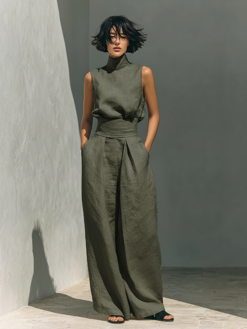 Maria | Set Completo Con Top A Canotta E Pantaloni Larghi In Cotone E Lino