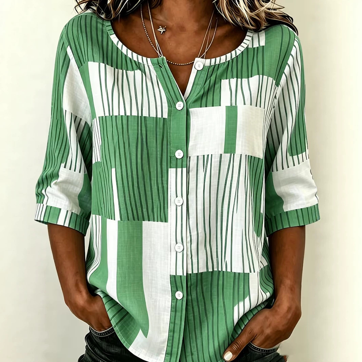 Blusa A Righe In Patchwork Verde Blu