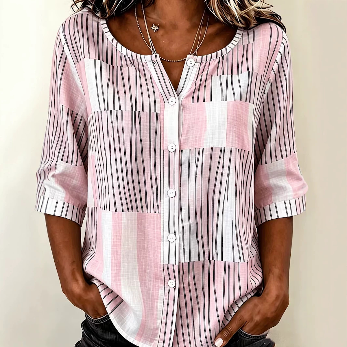Blusa A Righe In Patchwork Verde Blu