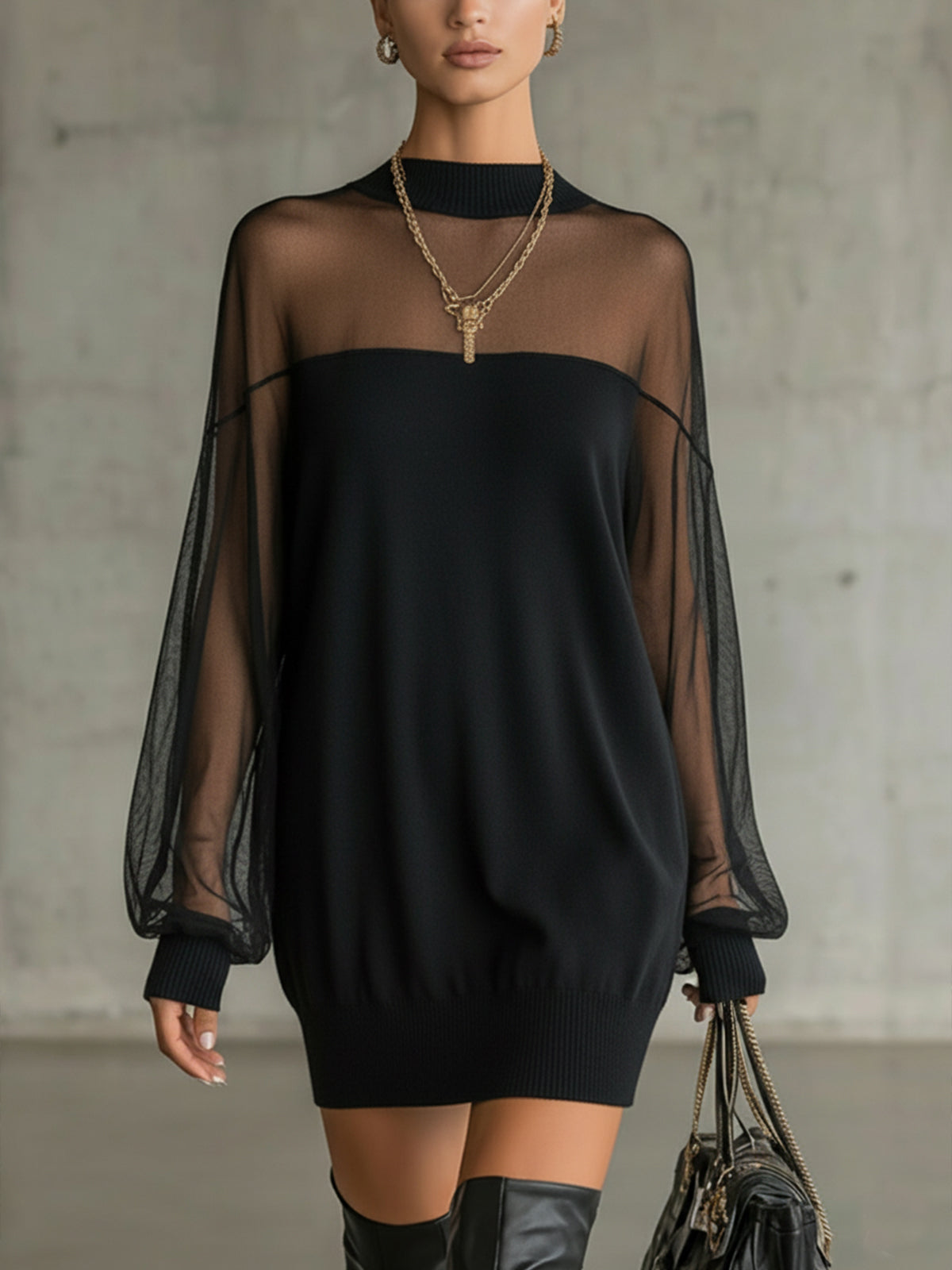Amélie | Elegante Mini Abito Nero Con Maniche In Rete