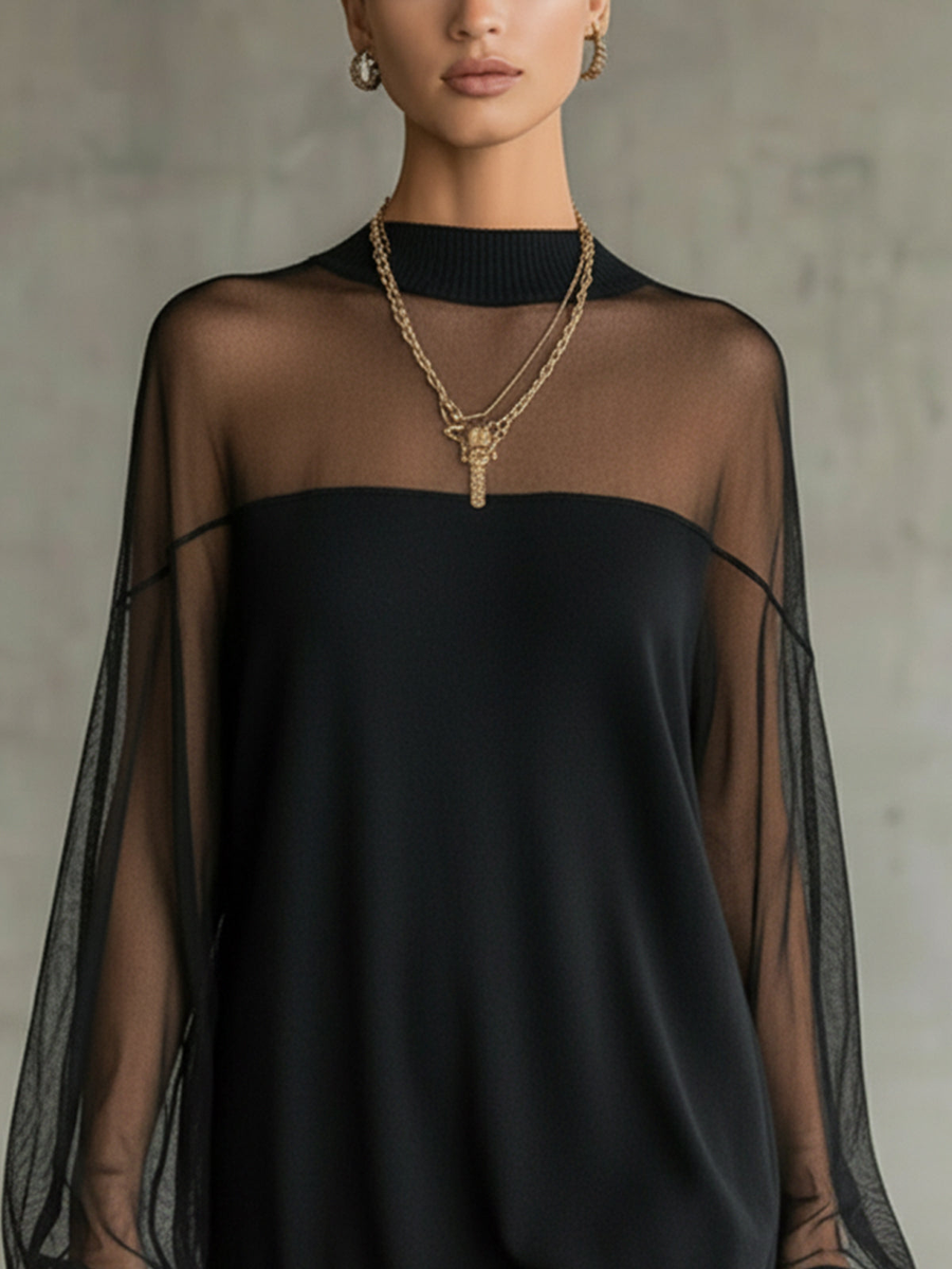Amélie | Elegante Mini Abito Nero Con Maniche In Rete