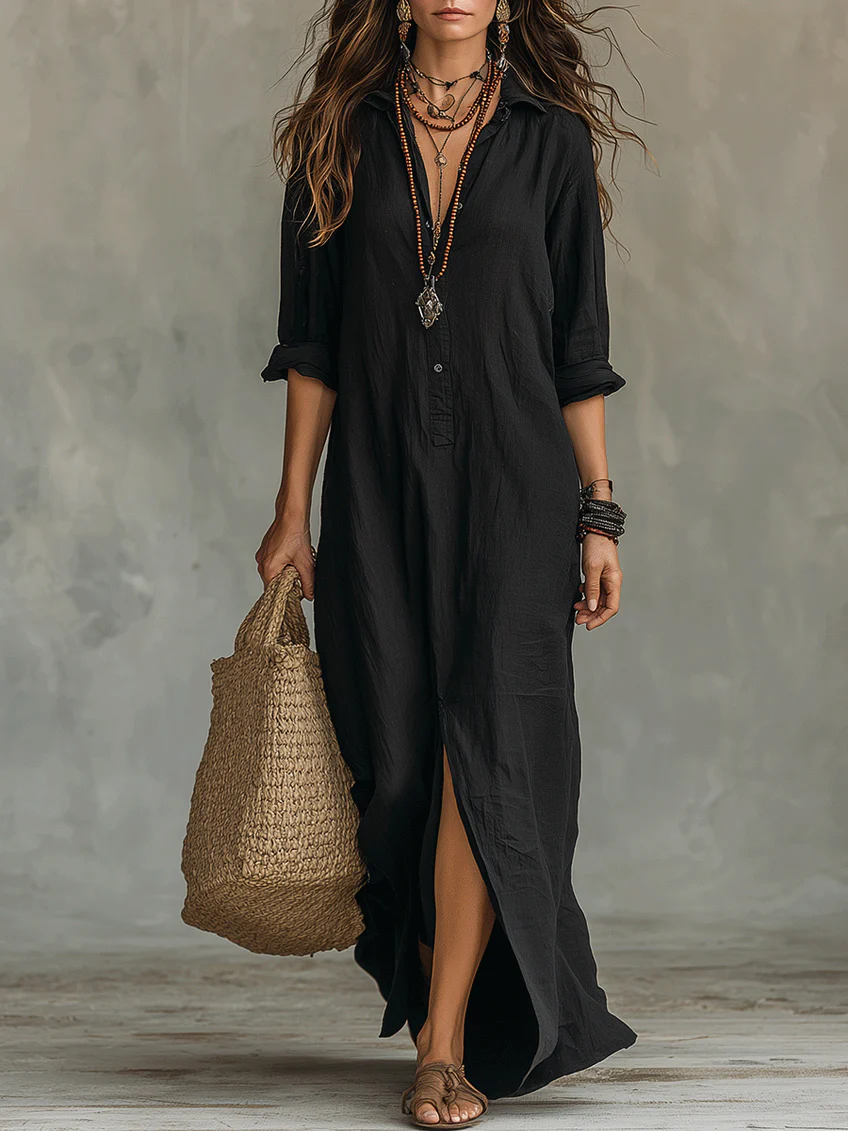Soline | Abito Maxi Nero Lungo Con Bottoni