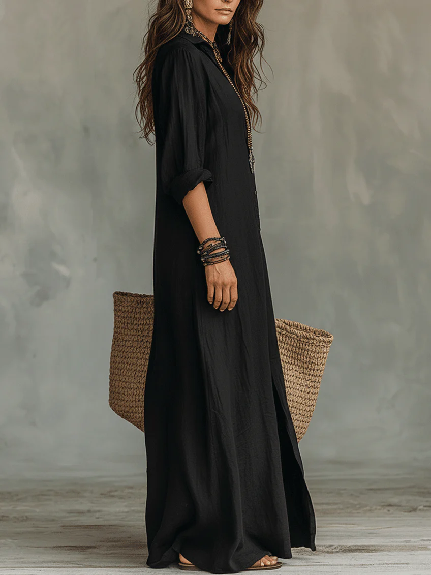 Soline | Abito Maxi Nero Lungo Con Bottoni