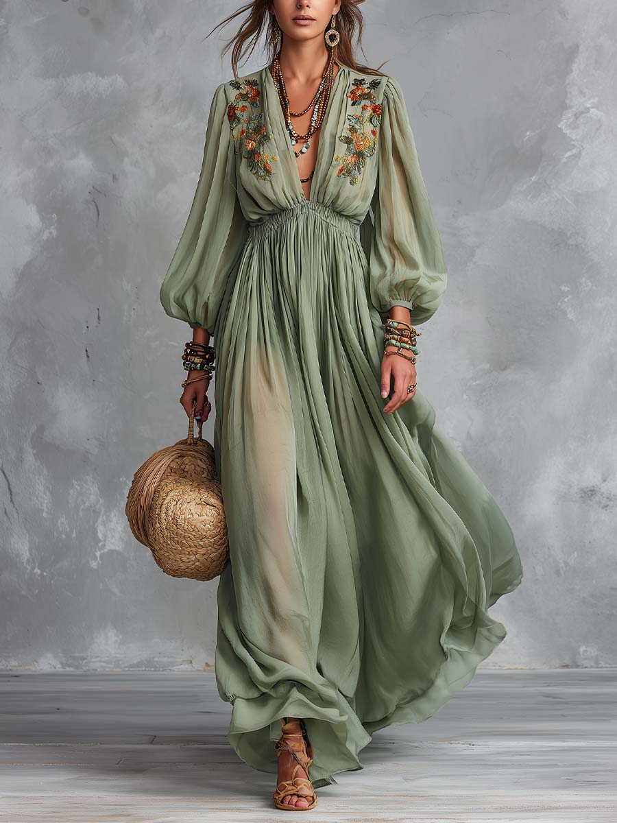 Élodine | Abito Maxi Bohemien Con Stampa Floreale