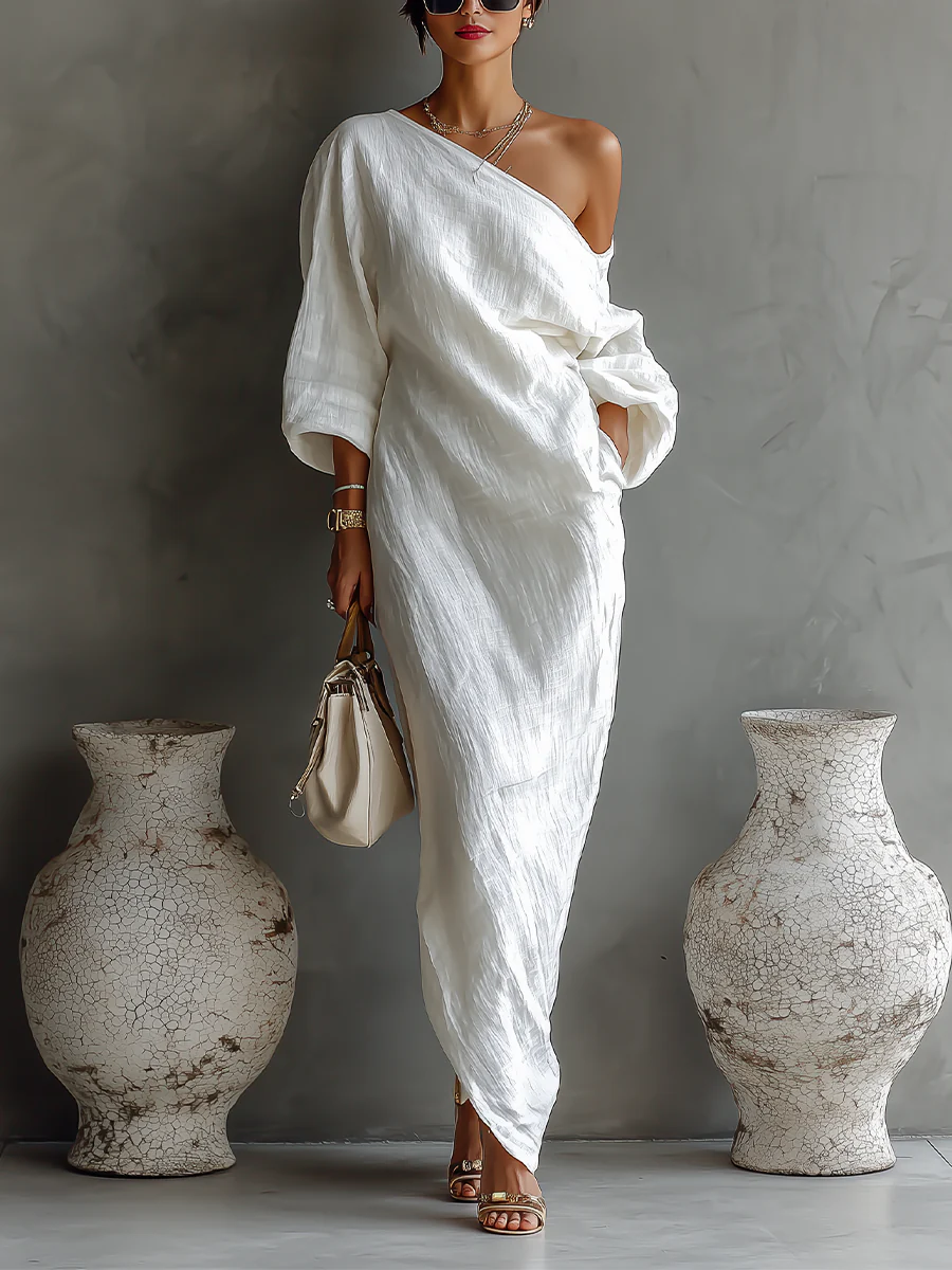 Elise | Elegante Abito Maxi A Spalla Unica In Bianco