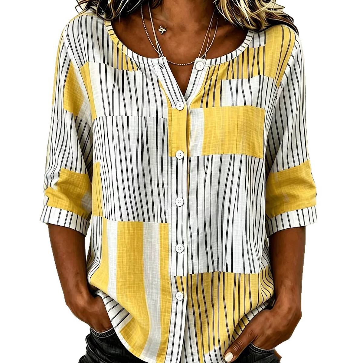 Blusa A Righe In Patchwork Verde Blu