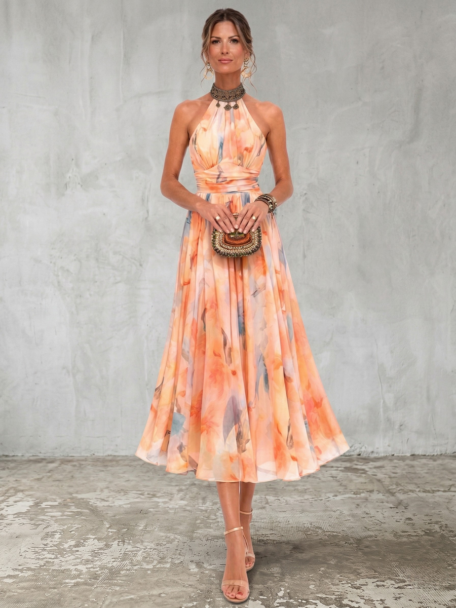 Aurora | Abito Con Scollo Halter E Stampa Acquerello