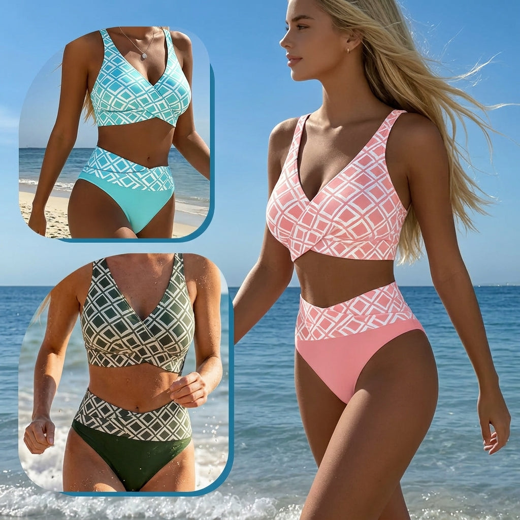 Lía | Bikini A Vita Alta Con Stampa Geometrica Retro