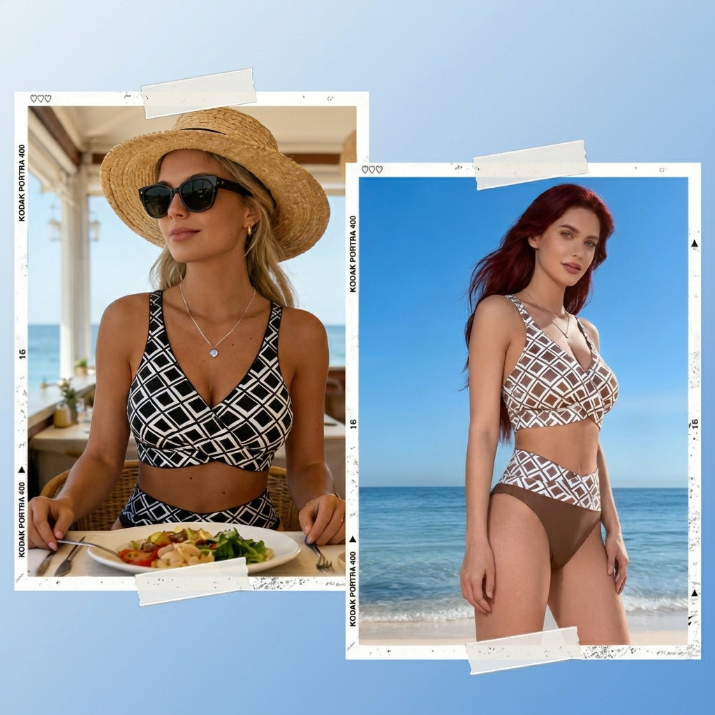 Lía | Bikini A Vita Alta Con Stampa Geometrica Retro