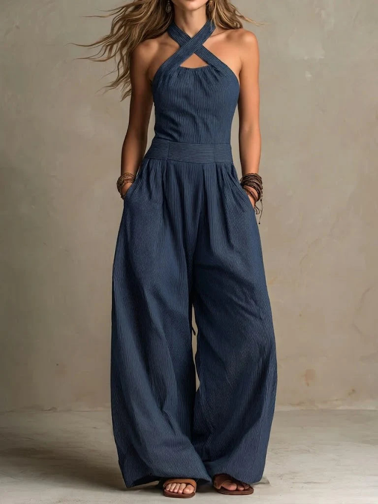 Bianca tuta elegante con scollo incrociato blu navy