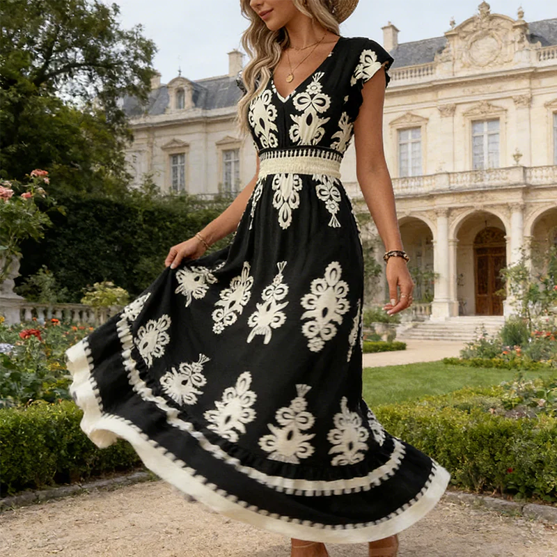 Candela | Abito Maxi Barocco Con Scollatura A V